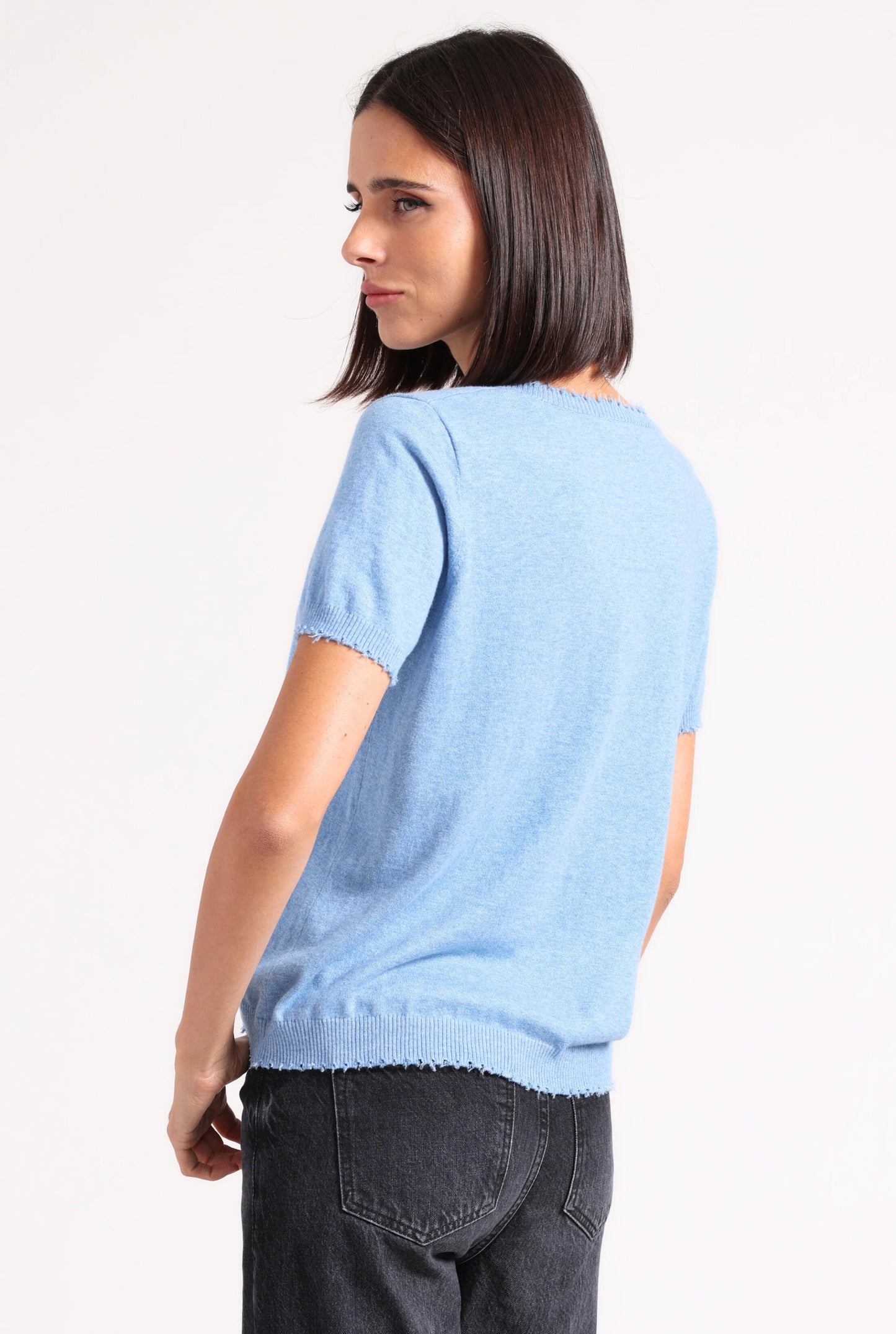 Cotton Cashmere Frayed V Tee - Cameo Blue