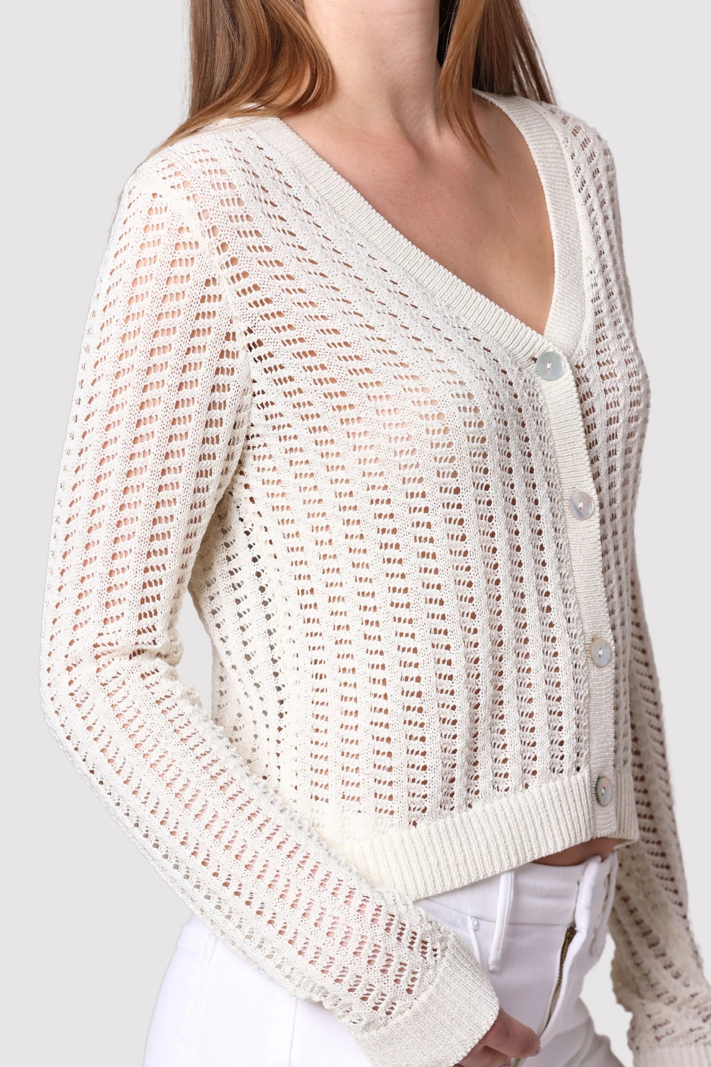 Linen Cotton Blend Pointelle Cardigan