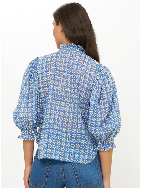 RUFFLE FRONT BUTTON BLOUSE - Aster Blue