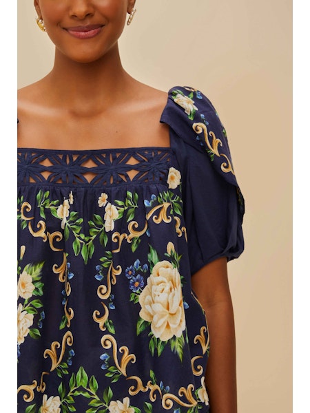 FLOWER TAPESTRY BLUE FLOWERED YOKE BLOUSE