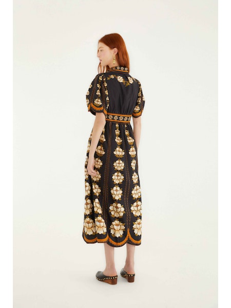 EMBROIDERED FLOWERS BLACK MIDI DRESS
