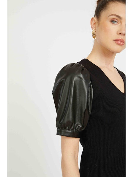 ANDREA TOP Iin BLACK with VEGAN LEATHER SLEEVES