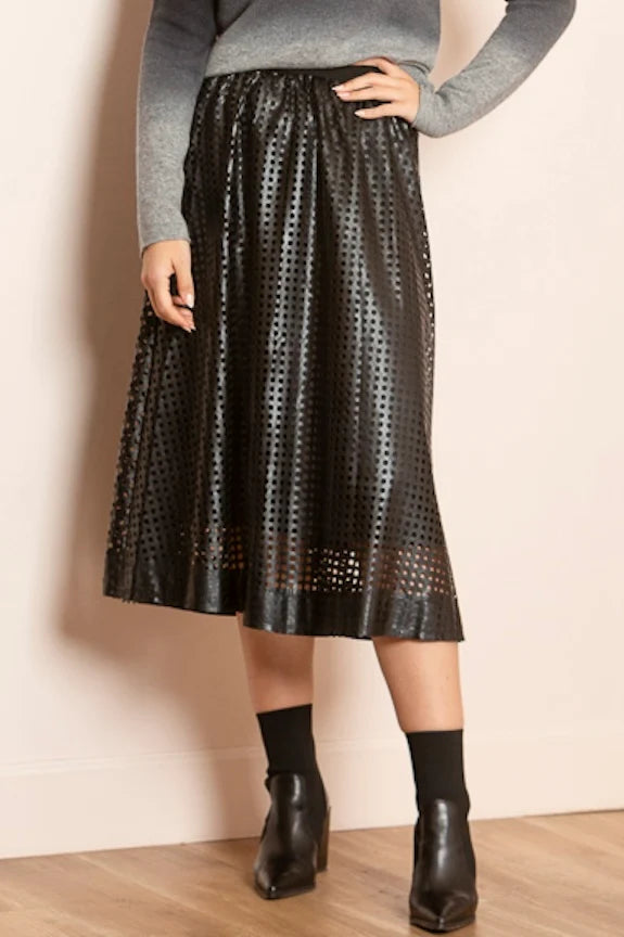 Perforated Pleather Gathered Midi Skirt with Elastic WB