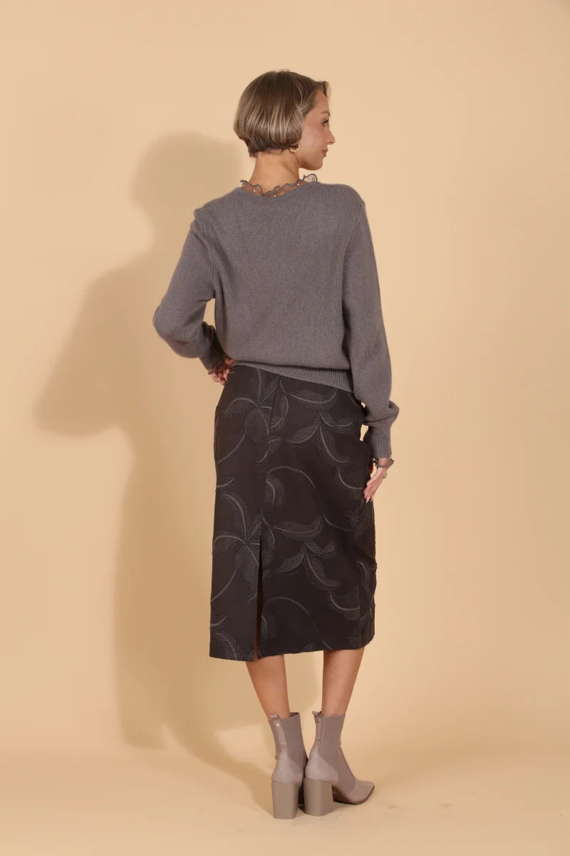 Microsuede Midi Skirt with Embroidery