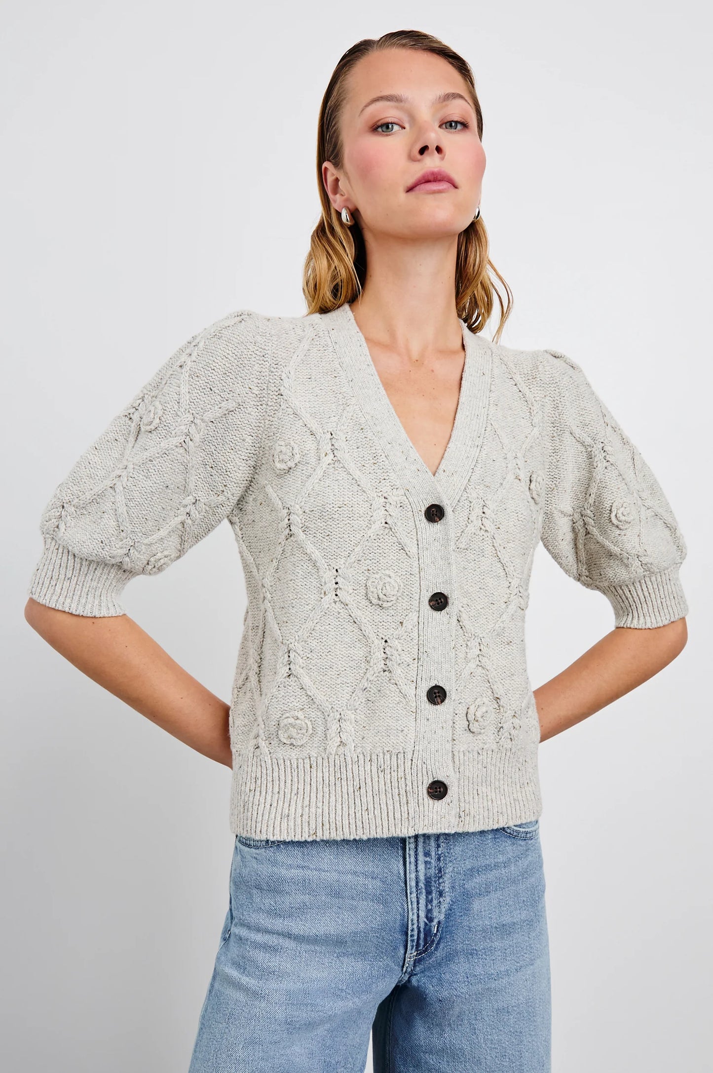 Isla Cardigan Grey With Crochet Daisies