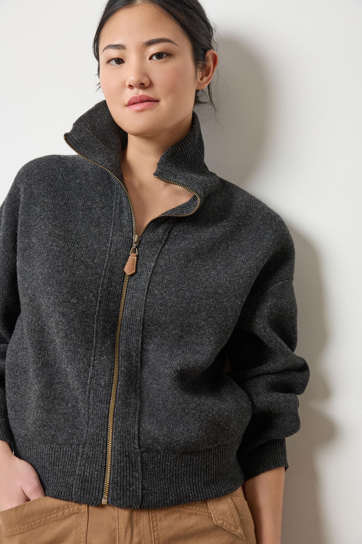 Zip Front Bomber Sweater - Graphite