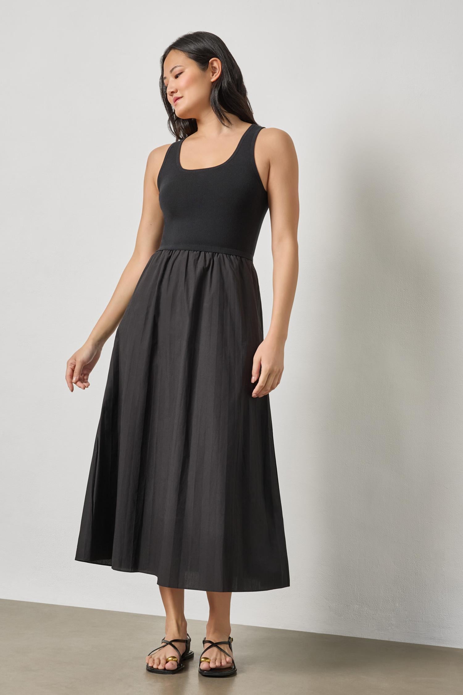 mock neck mixed media midi dress Mixed Media Scoop Neck Dress