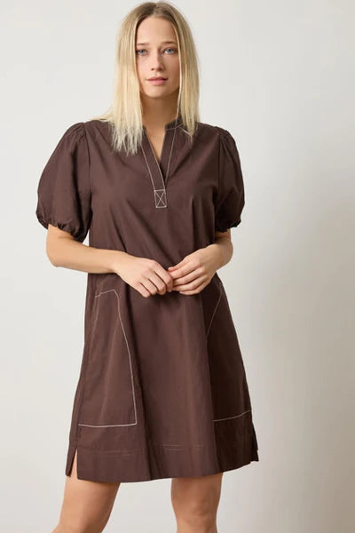Shirred Split Neck Dress