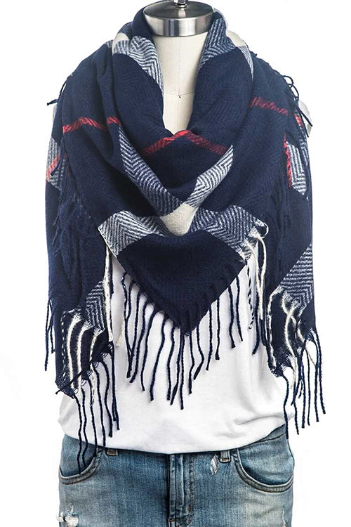 Fringe Soft Plaid Square Scarf - Navy