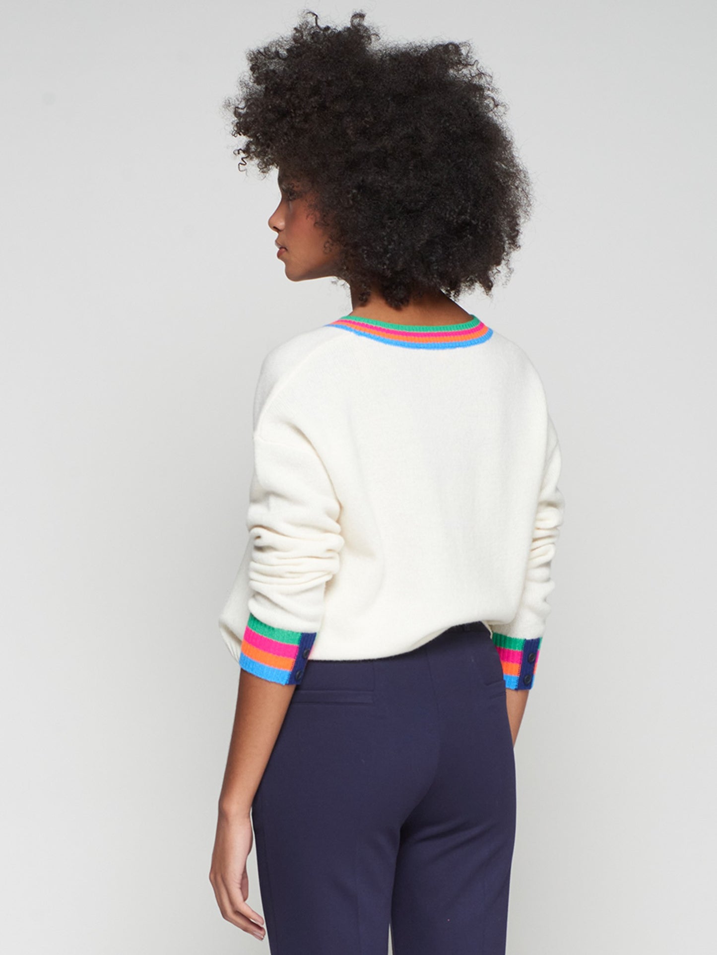 ECRU SWEATER WITH MULTICOLOUR STRIPED V-NECK