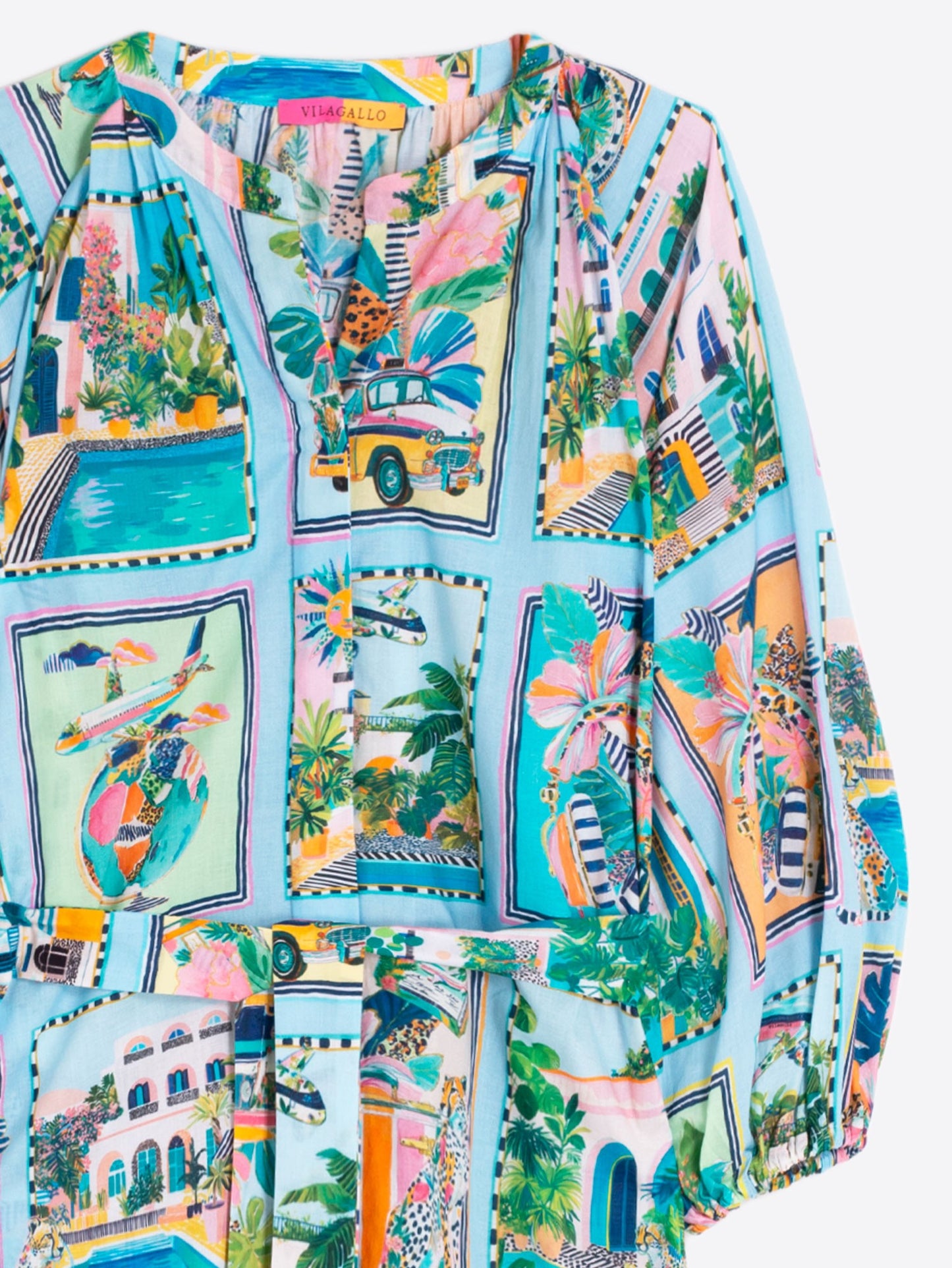 TURQUOISE DRESS WITH TROPICAL SCENE PRINT
