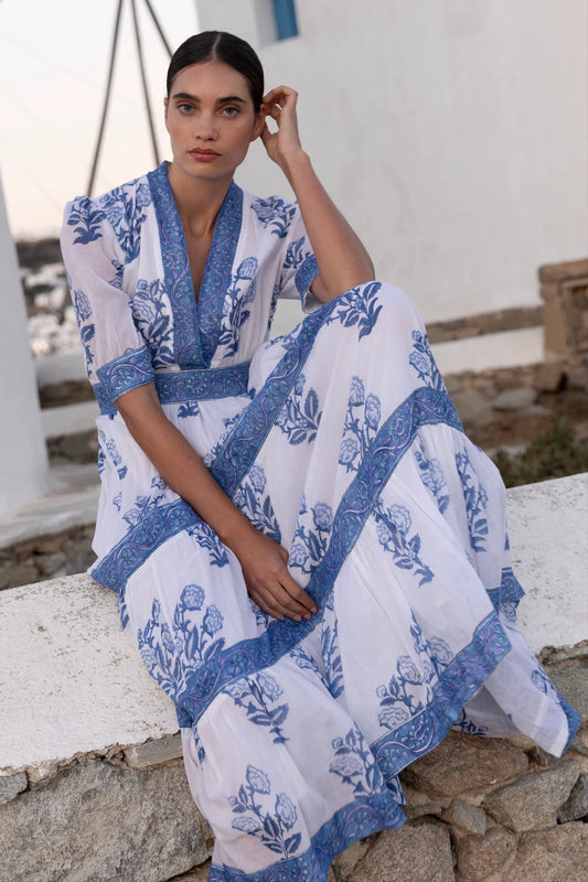 V-NECK CUFFED MAXI- SALVIA BLUE