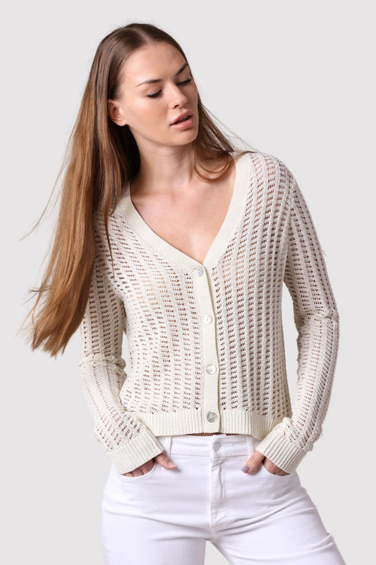 Linen Cotton Blend Pointelle Cardigan
