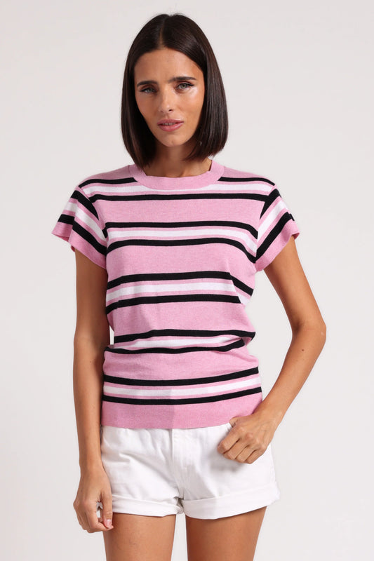 Supima Cotton Cashmere Multi Stripe Cap Sleeve Crew