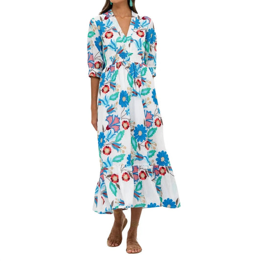 V neck smocked waist Midi Dress