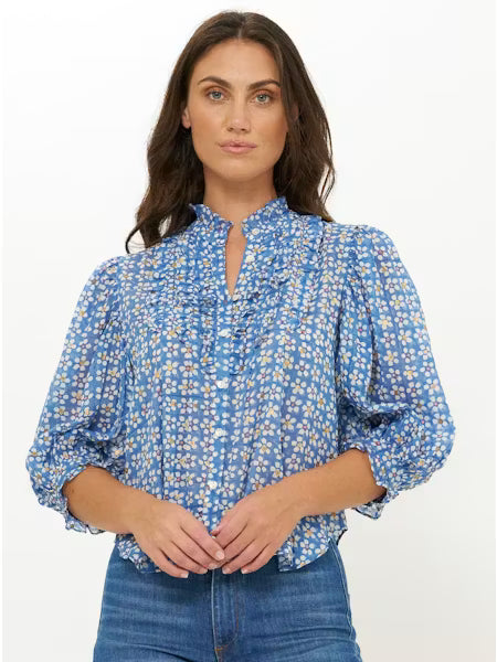 RUFFLE FRONT BUTTON BLOUSE - Aster Blue
