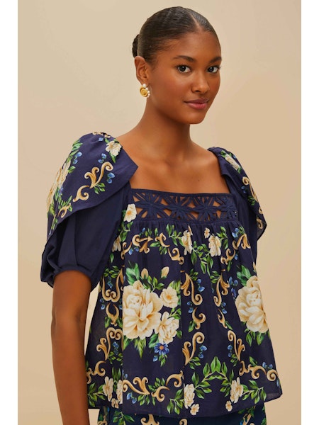 FLOWER TAPESTRY BLUE FLOWERED YOKE BLOUSE
