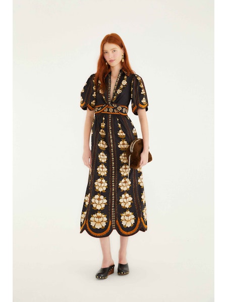 EMBROIDERED FLOWERS BLACK MIDI DRESS