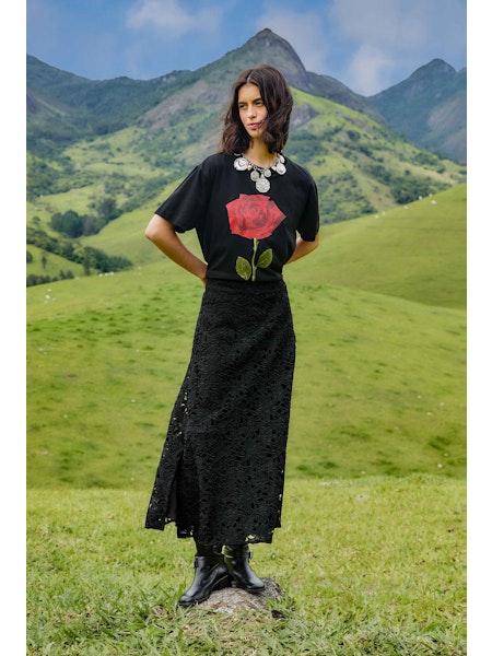 Flowered Black Lace Midi Skirt