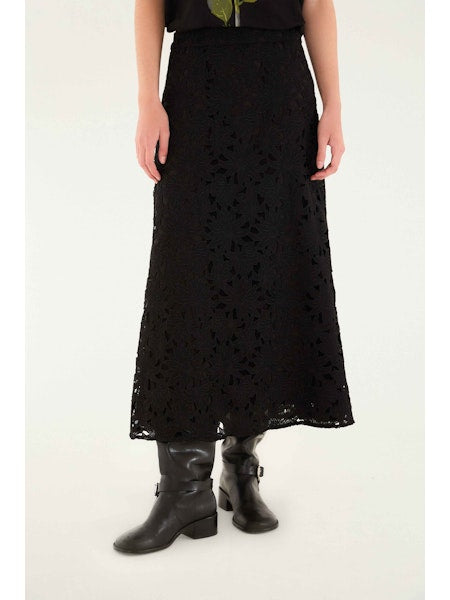 Flowered Black Lace Midi Skirt