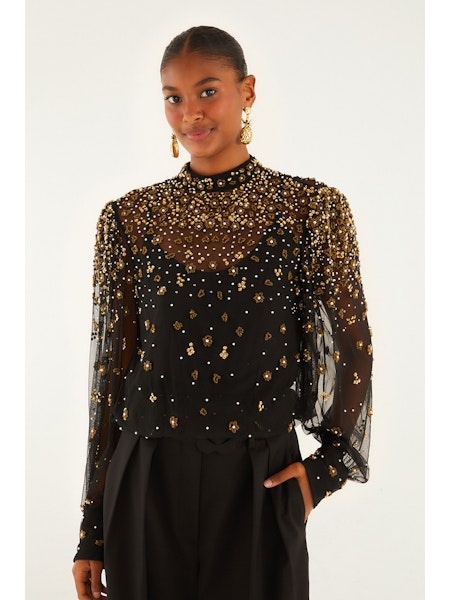 Embroidered Bubble Tulle Black Blouse