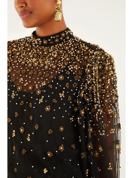 Embroidered Bubble Tulle Black Blouse