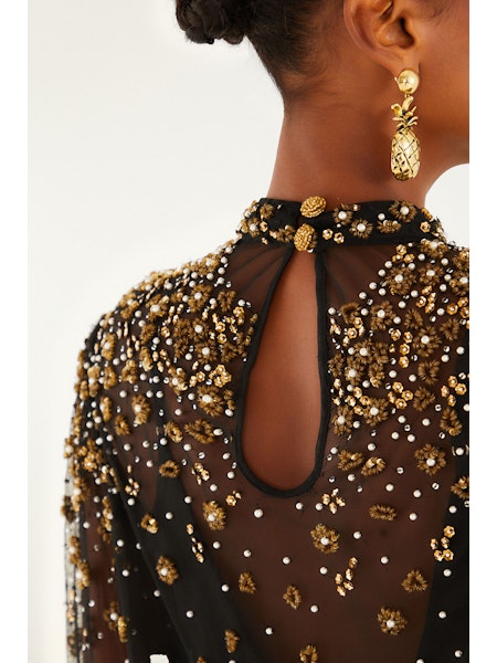 Embroidered Bubble Tulle Black Blouse