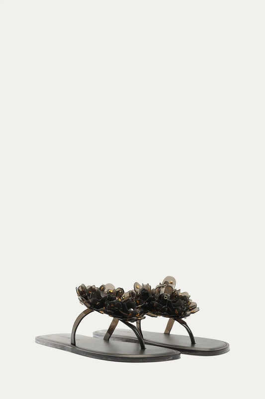 Black Studded Flower Jelly Flat Sandal - Black