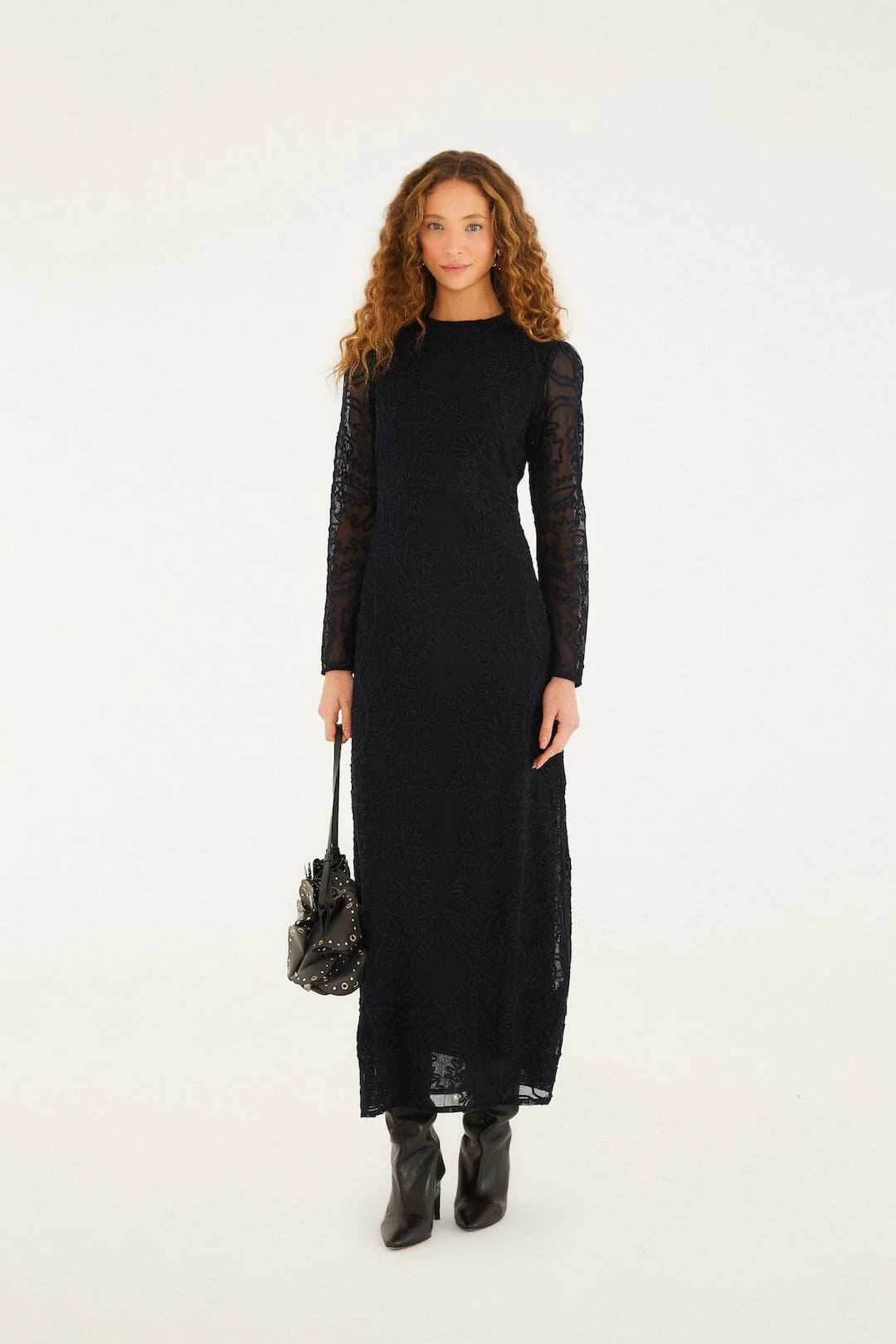 Black Embroidered Sheer Sleeve Maxi Dress