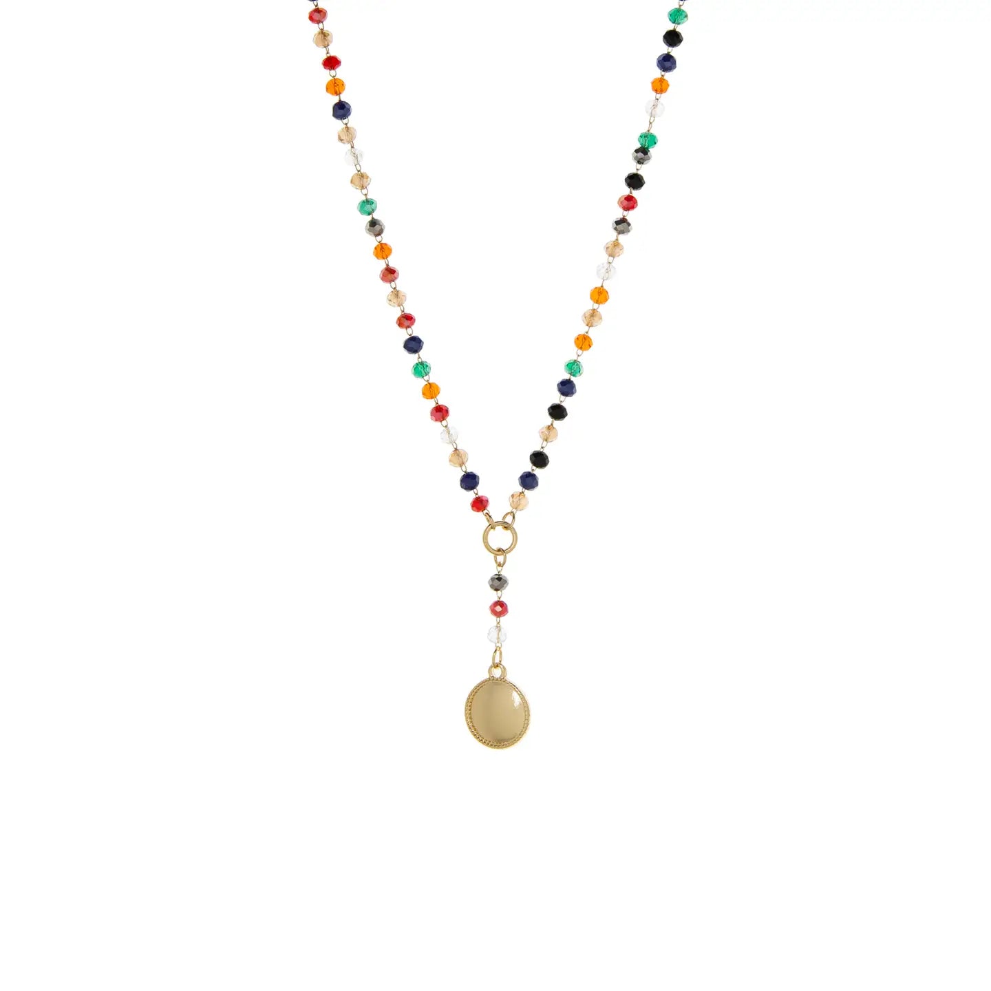 Crystal Beaded Y Necklace with Circle Pendant