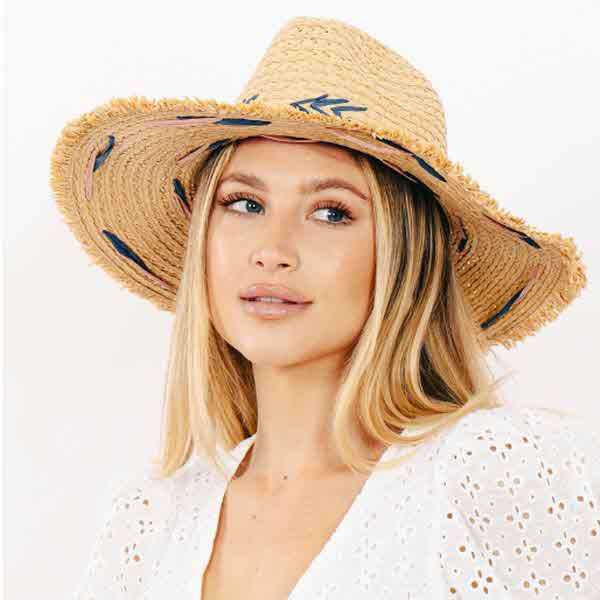 Straw Braided Embroidery Striped Brim Floppy Sun Hat