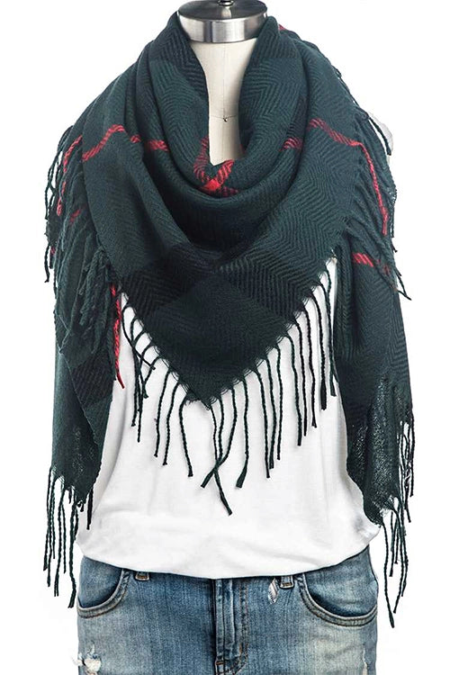 Fringe Soft Plaid Square Scarf - Green