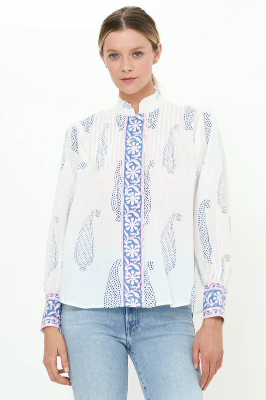 PINTUCK BUTTON FRONT BLOUSE- APTOS BLUE