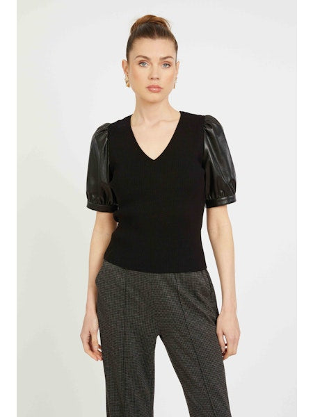 ANDREA TOP Iin BLACK with VEGAN LEATHER SLEEVES