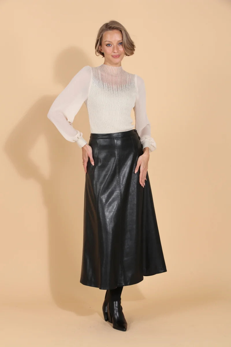 Pleather A-Line Midi Skirt - Black