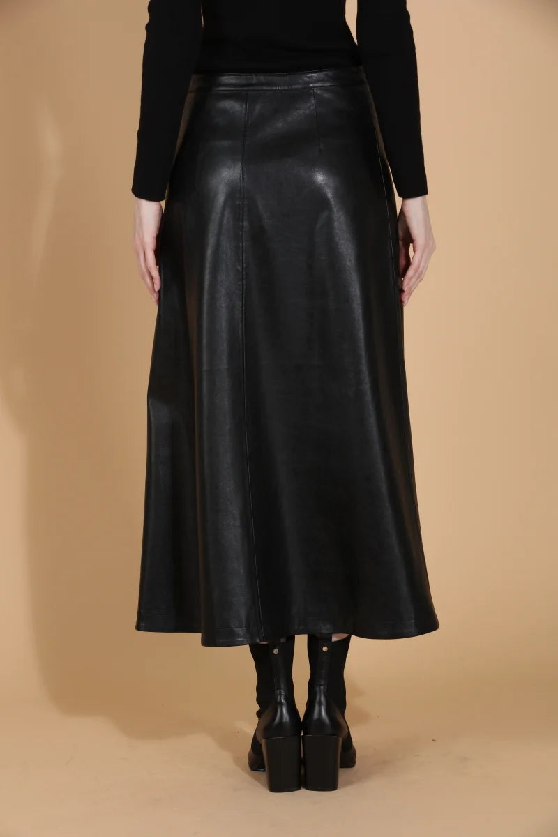 Pleather A-Line Midi Skirt - Black