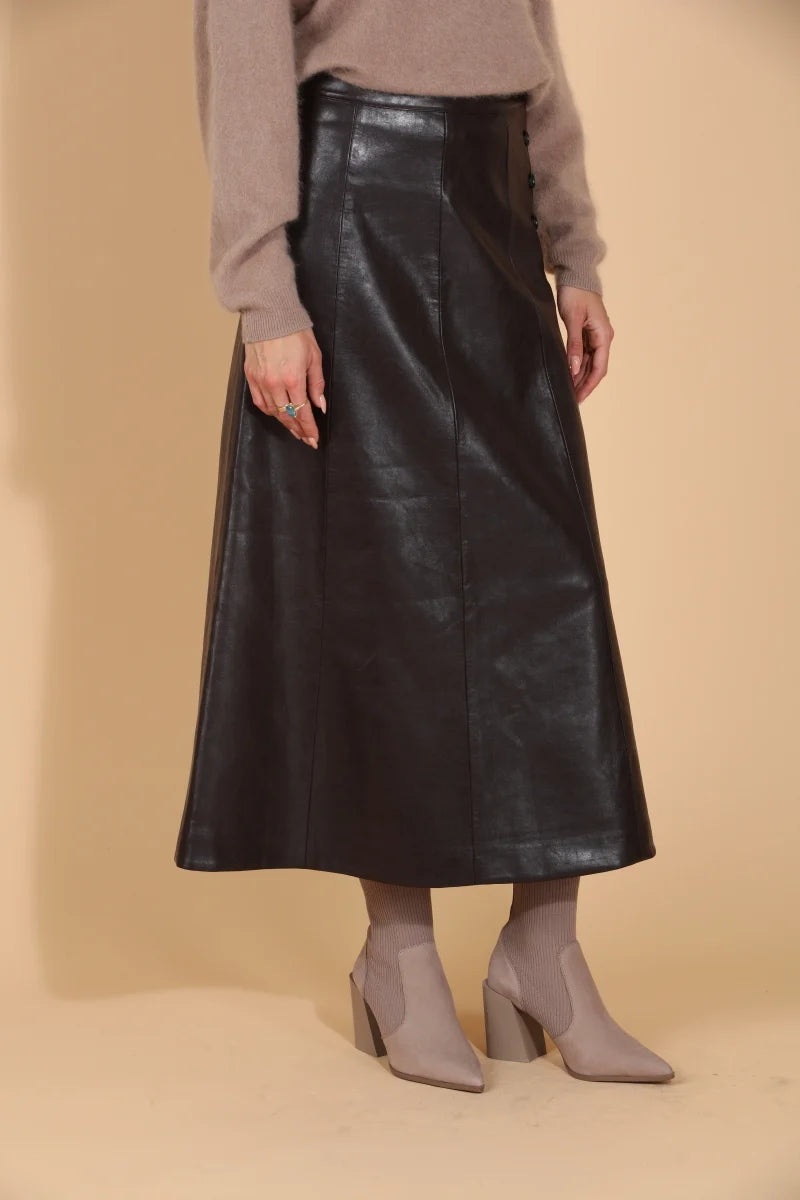 Pleather A-Line Midi Skirt - Brown