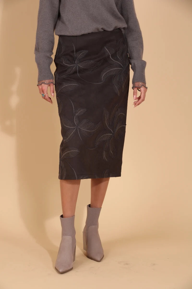 Microsuede Midi Skirt with Embroidery