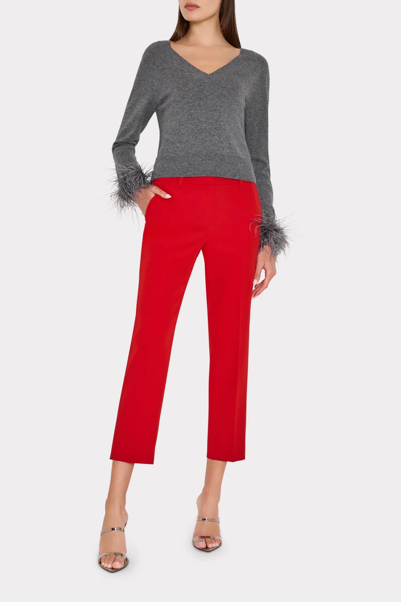 Feather Trim V Neck