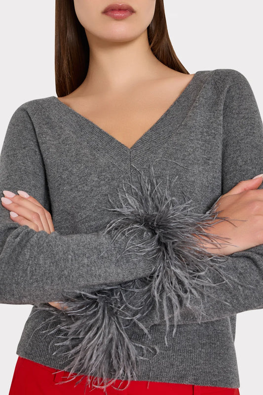 Feather Trim V Neck