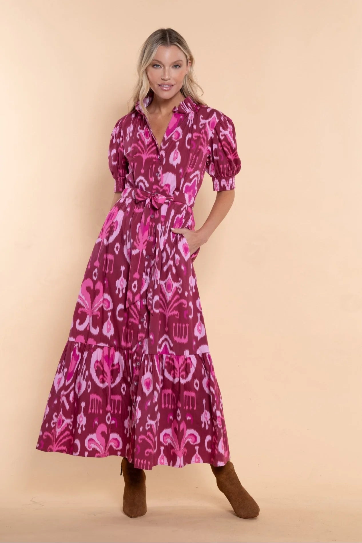 BIRDIE DRESS IN MERLOT IKAT
