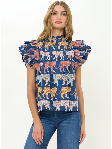 PINTUCK RUFFLE TOP- RAJ NAVY