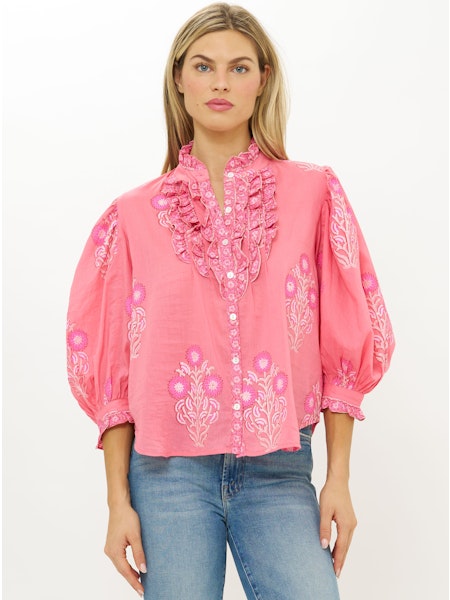 Ruffle Front Button Blouse - Raton Pink