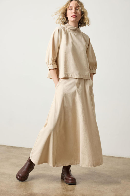 Knit Collar Twill Top - Eggshell