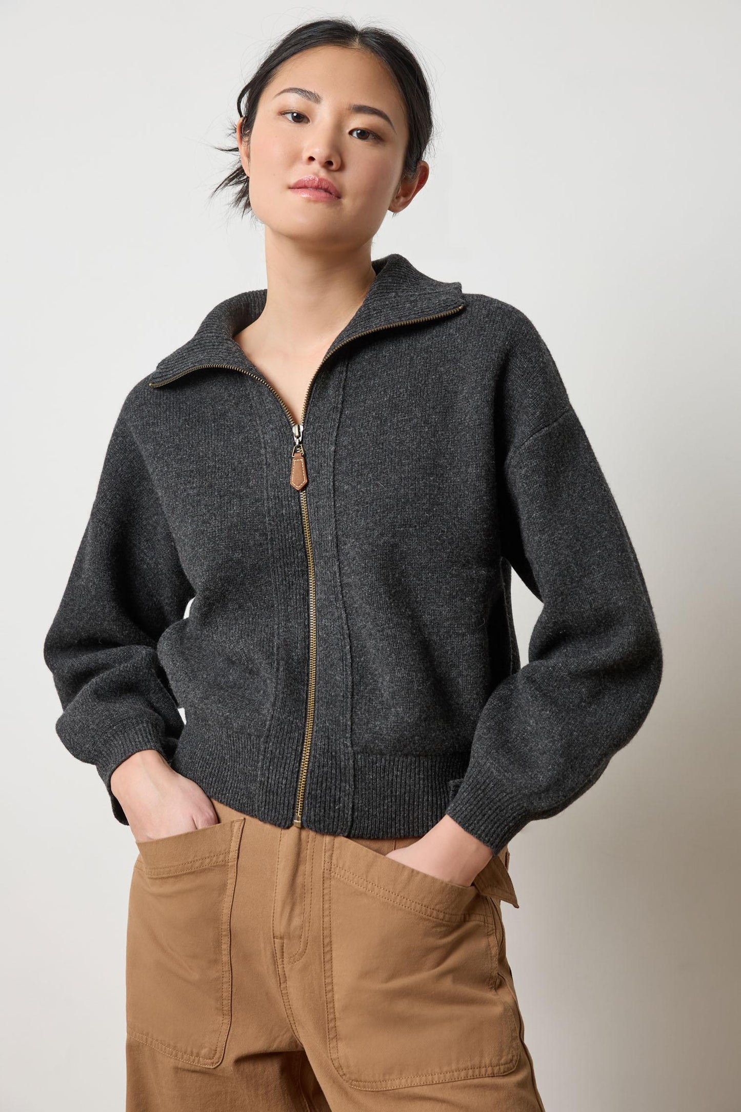 Zip Front Bomber Sweater - Graphite