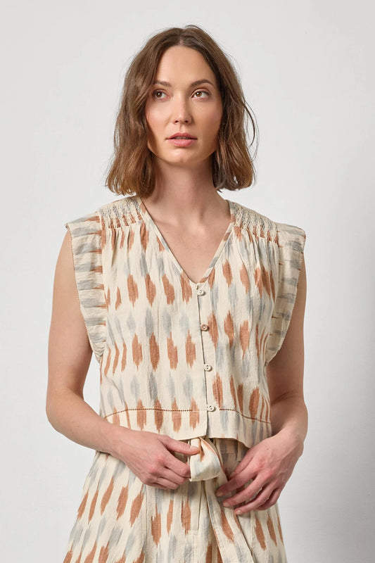 IKAT SHIRRED SHOULDER TOP - Carob Ikat