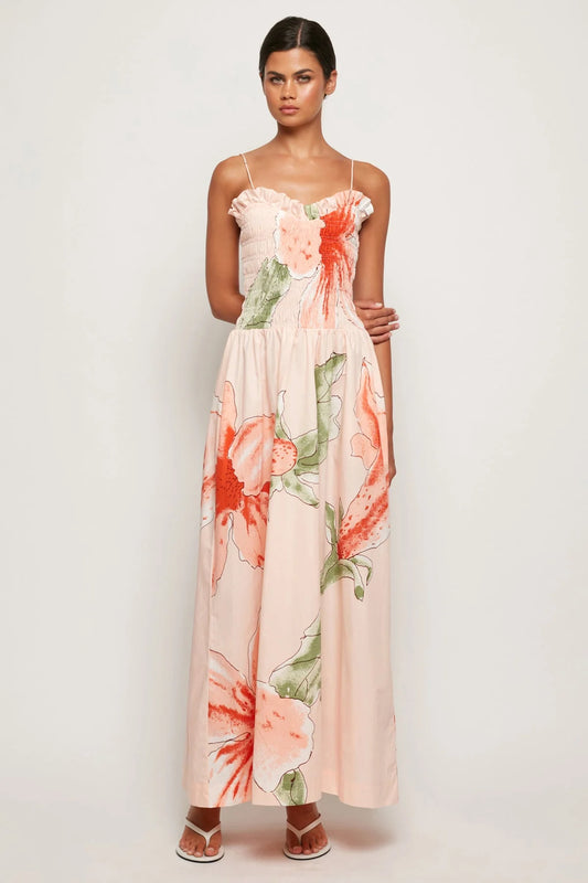 Ruffled Bodice Midi in Hibiscus Glow