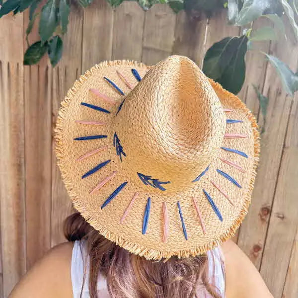 Straw Braided Embroidery Striped Brim Floppy Sun Hat