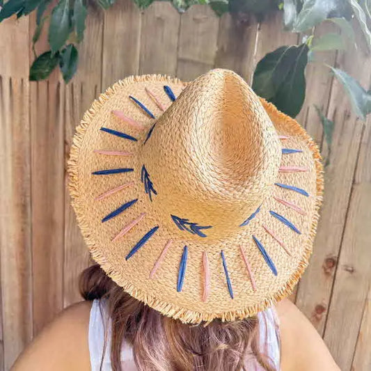 Straw Braided Embroidery Striped Brim Floppy Sun Hat