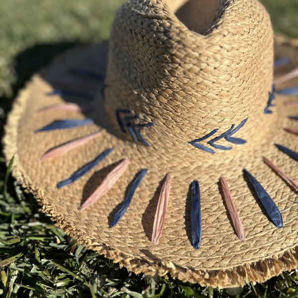 Straw Braided Embroidery Striped Brim Floppy Sun Hat
